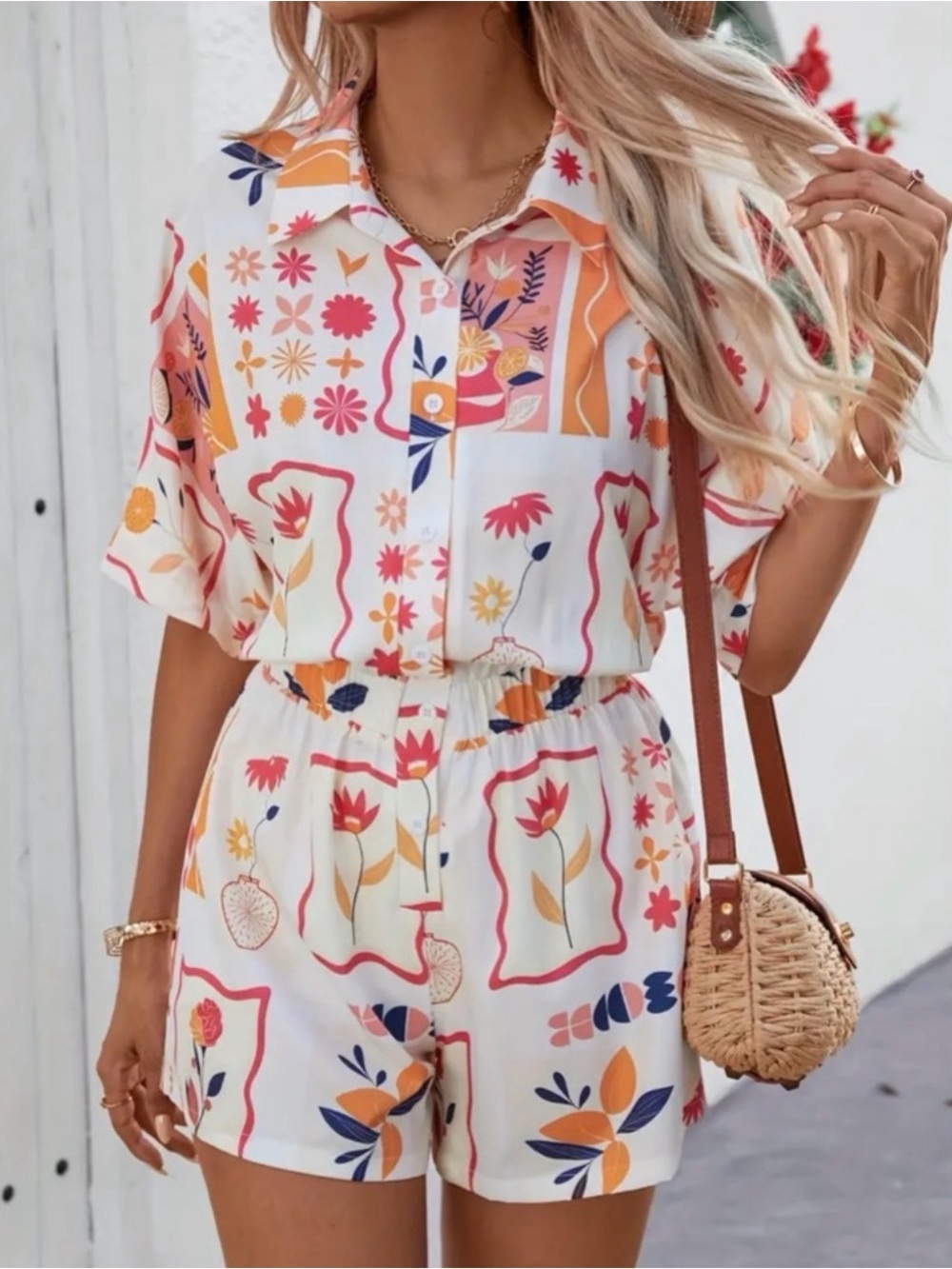 Floral Print Short Sleeve Romper - White with Coral & Mustard - Picture 2 of 6